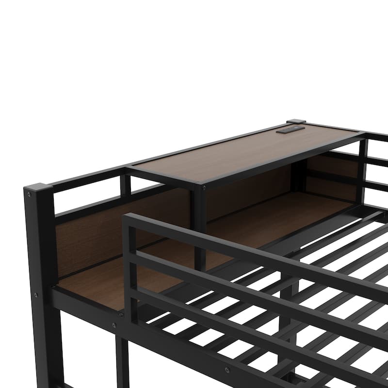 Full Size Metal Bunk Bed with Storage Shelves, LED light strip, and USB power strip