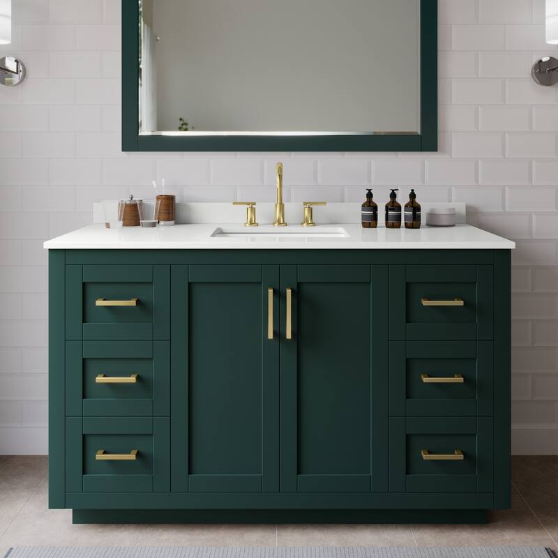 Wyndham Collection WCF292954S-QTZ-US3MXX Miranda 54" Free Standing - Green / White Quartz Top / Brushed Gold Hardware