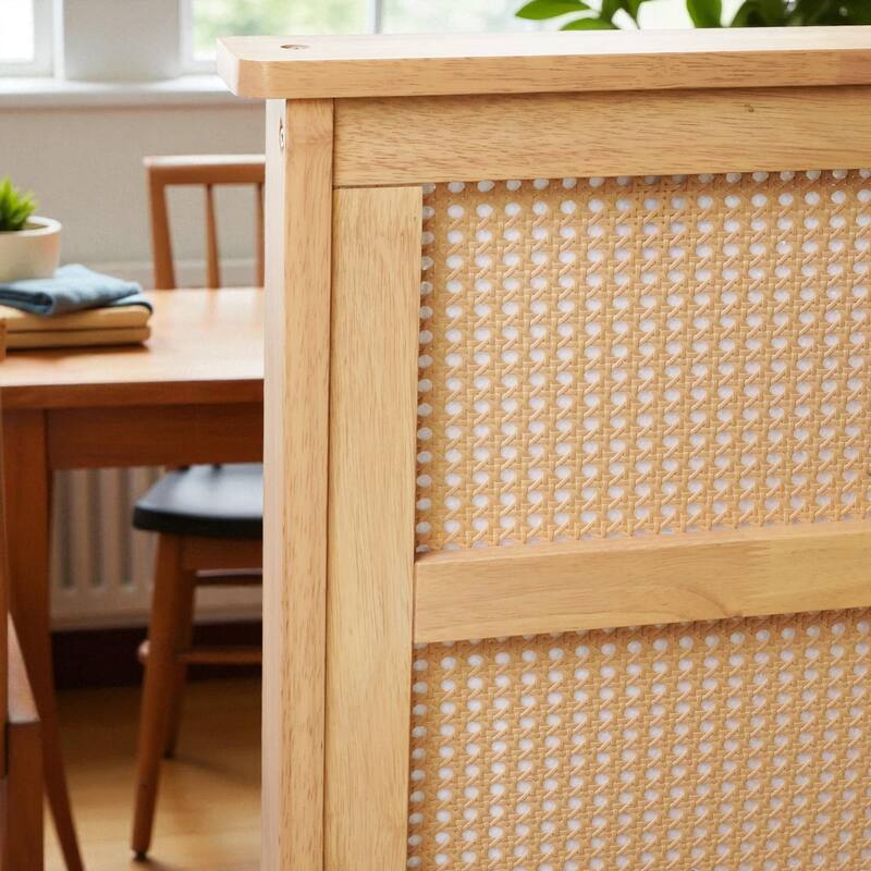 Full/King Size Rubber Wood Bed with Rattan Headboard and 2 Storage Drawers, Solid Frame with Reinforced Support Slats and Feet