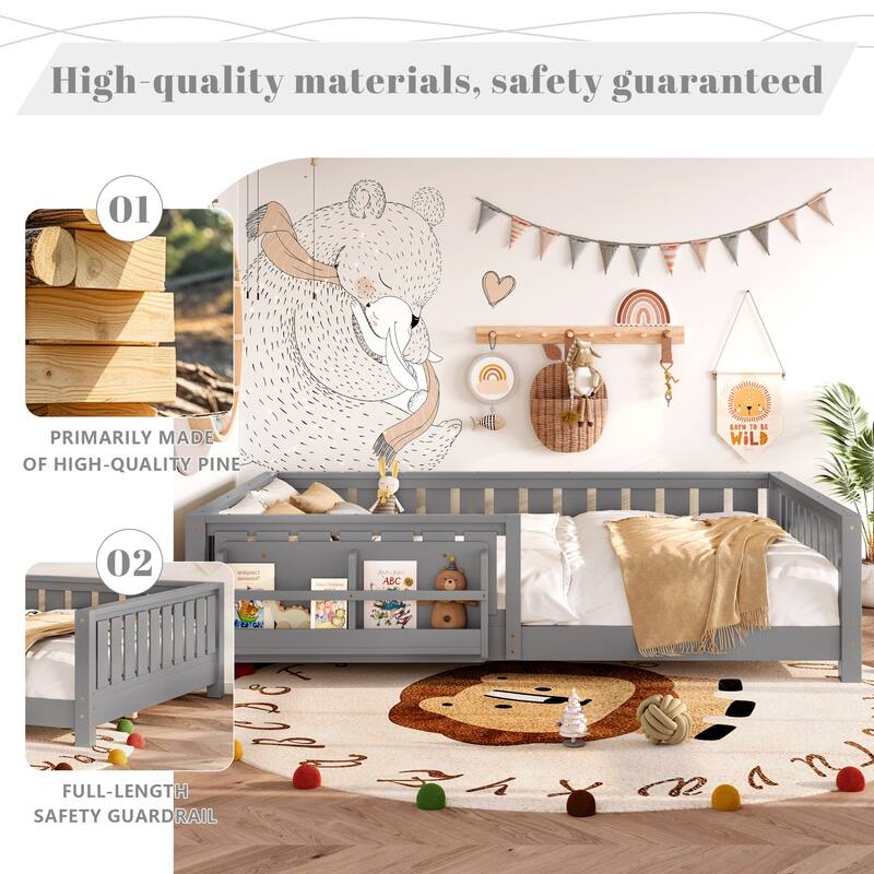 Montessori Floor Bed Low Profile Kids Bed with Rails & Bookshelf