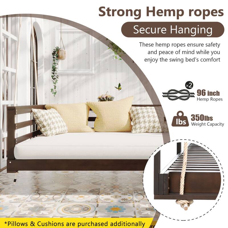Patio Wooden Twin Size Swing Daybed Porch Swing Frame With Hemp Ropes (Excluding the table) - Brown