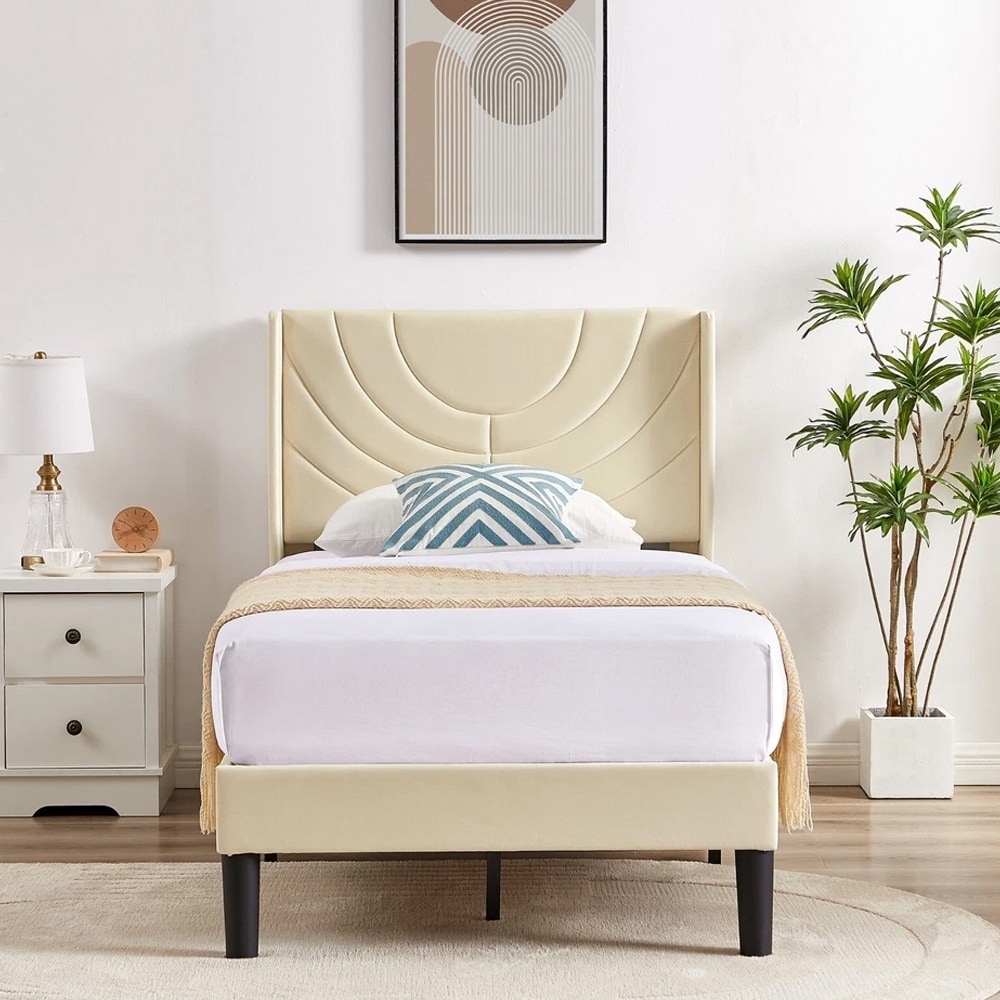 Twin Bed Frame Upholstered Platform with Headboard Foundation Beige