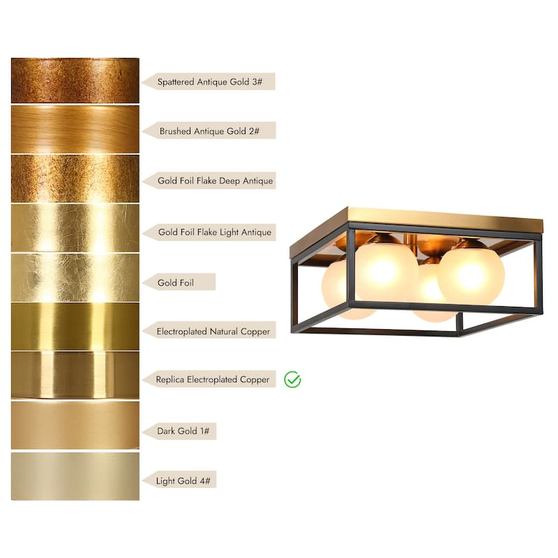 Modern Black Gold 4-Light Semi Flush Mount Ceiling Light with Frosted Globe Glass - D14"xH6.5"