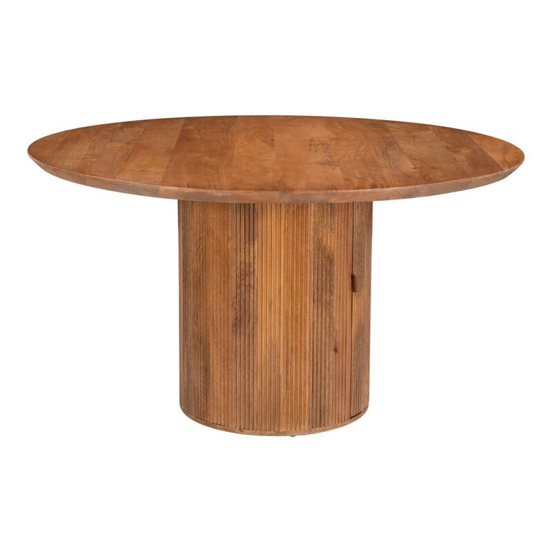 HomeRoots 56" Brown Solid Wood Ribbed Texture Pedestal Base Round Dining Table - 56.00 in. x 29.90 in. x 56.00 in.