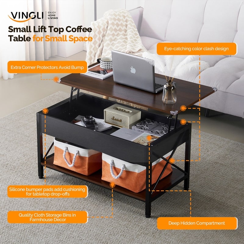 VINGLI Rectangular Nordic Walnut P2 Board with Side X-shaped Metal Frame, Adjustable Height, 2 Storage Bags, Coffee Table