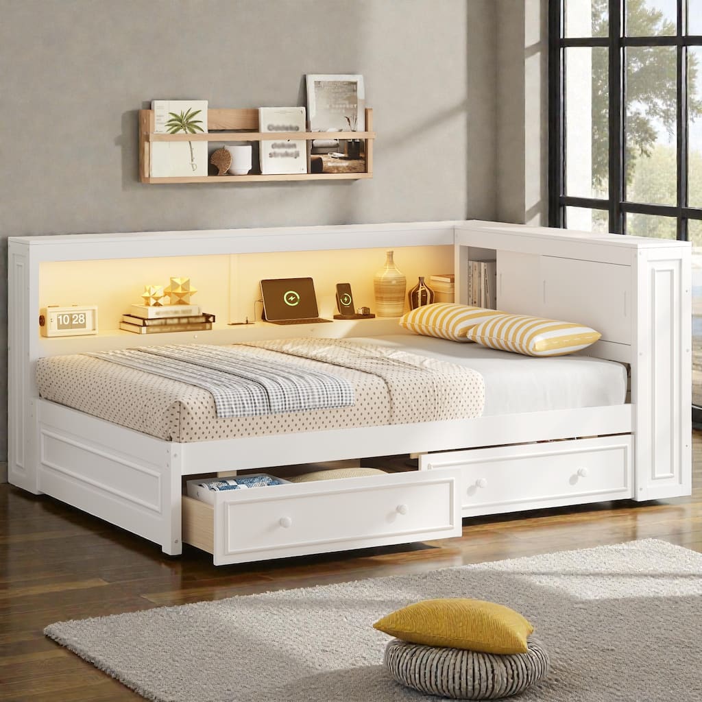 Full Size Wood Daybed with Storage Shelves and 2 Drawers, LED Light, USB Charging Station, Solid Wood Frame