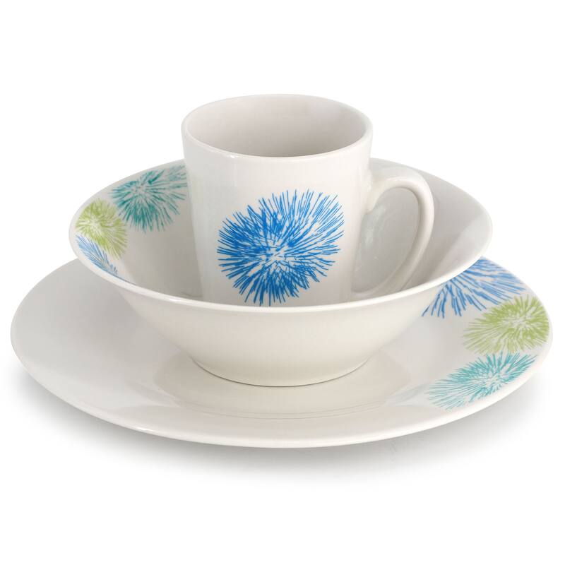 Gibson Home Blue Meadow 12 Piece Fine Ceramic Dinnerware Set in White with Colored Accents