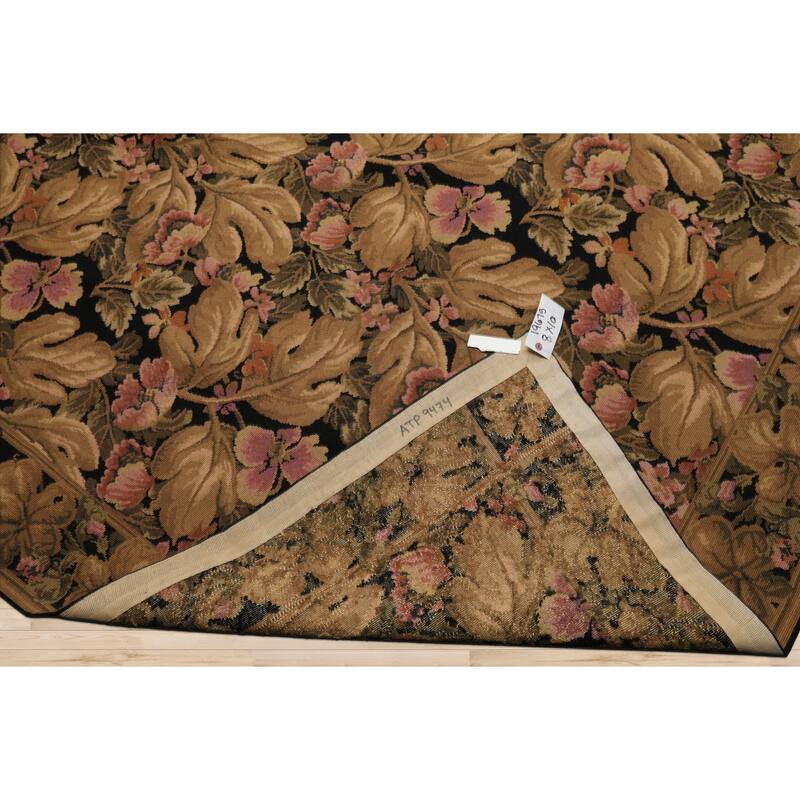 8x10 Hand Woven Wool Black French Aubusson Needlepoint Classic Rug - 8' x 10'