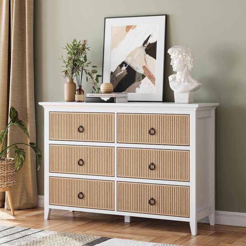Fluted 6 Drawer Dresser for Bedroom, 47" Wide Modern Wooden Chest with Wavy Panel & Metal Handles - Natural