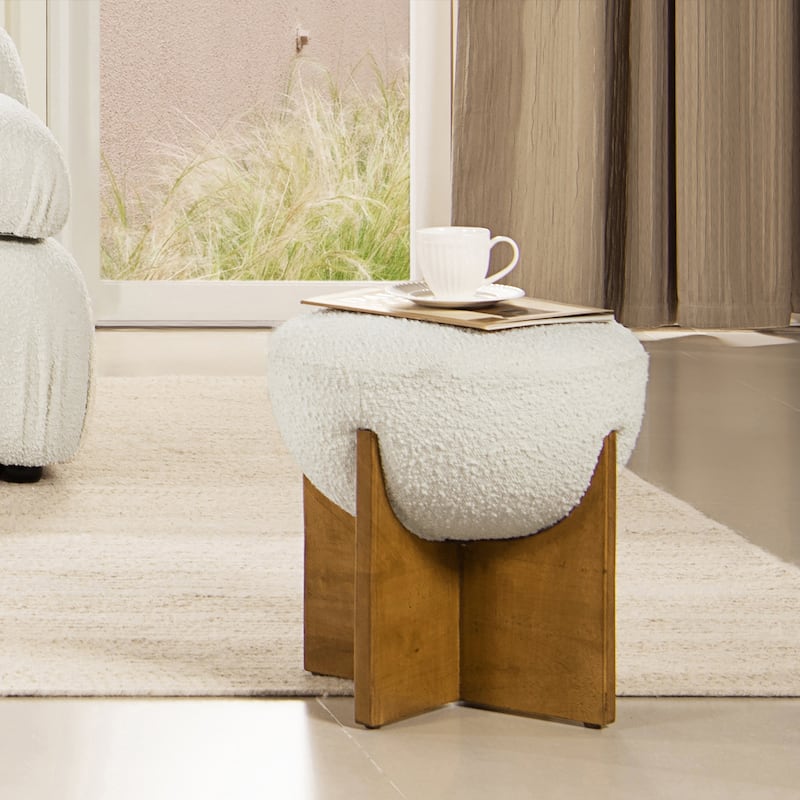 Bali 18.5" Hemisphere Boucle Ottoman with Wood Base
