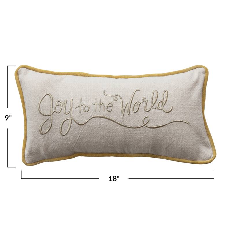 Slub Lumbar Pillow with Embroidery, Piping, and Velvet Back "Joy to the World"
