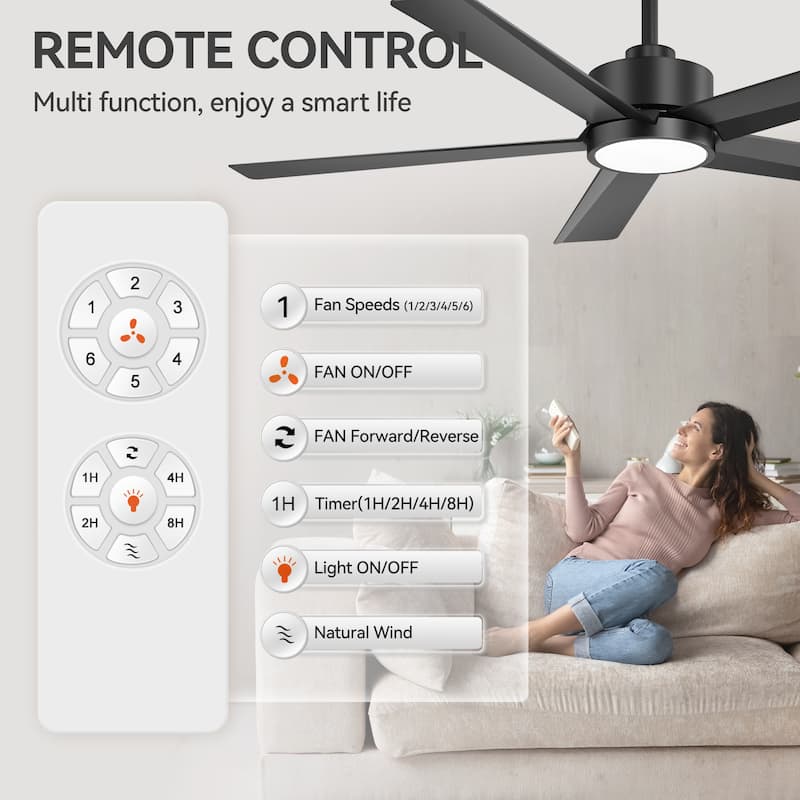 52"/ 65"/72" Black LED Ceiling Fan with Light Kit and Remote(5/8 Blade)
