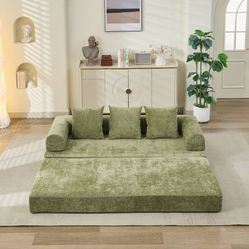 Chenille Convertible Floor Sofa Bed with Armrest for Living Room