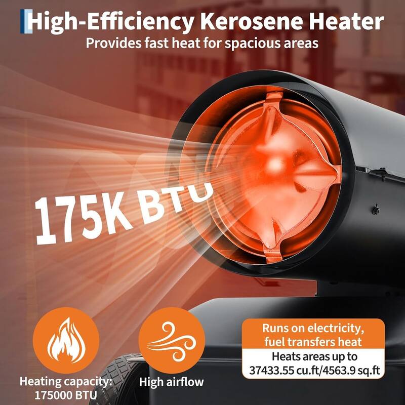 175000 BTUs Forced Air Kerosene Diesel Heater, with Thermostat and Wheels