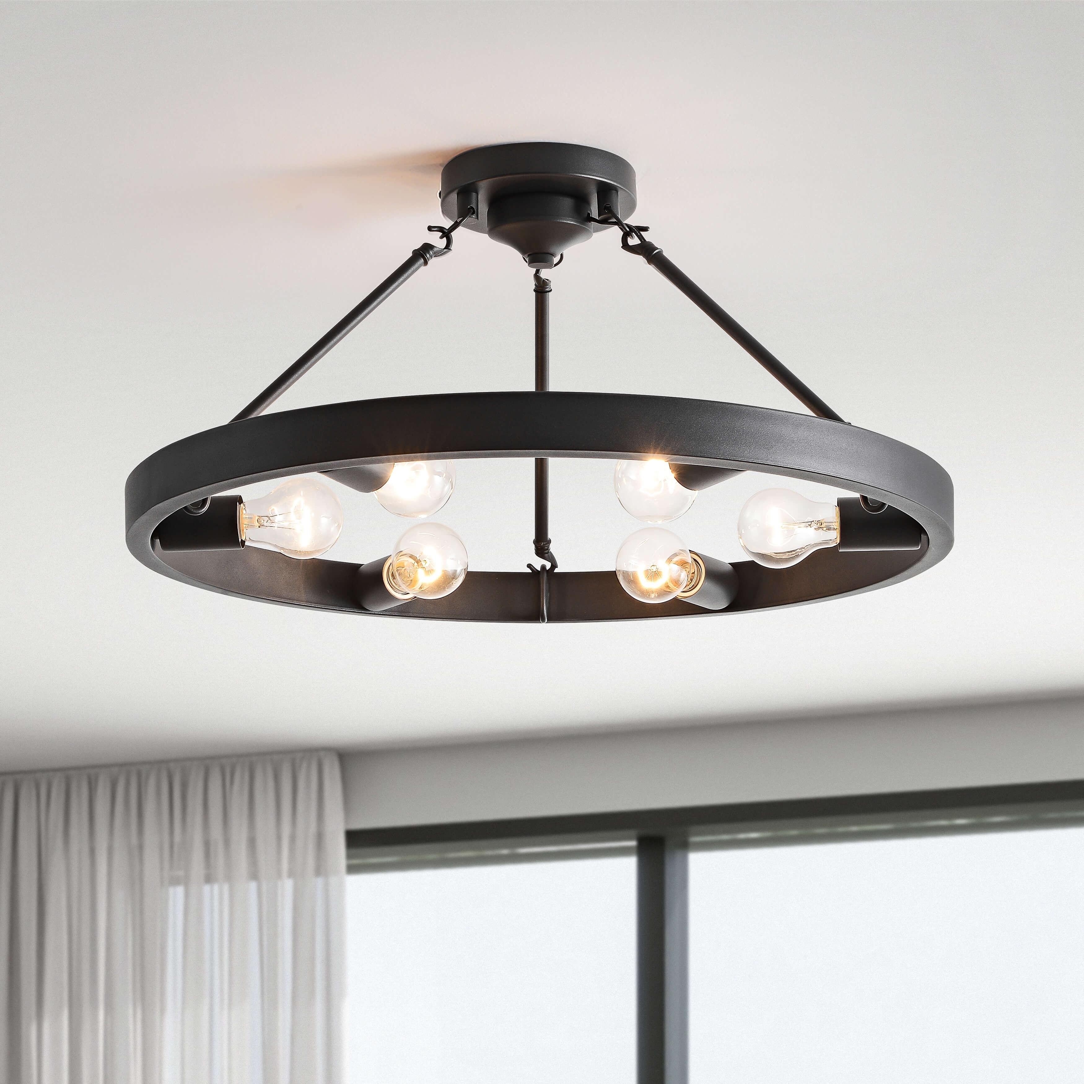 Caterina 24 in. 6 Light Metal Round Wagon Wheel Black Rustic Semi Flush Mount
