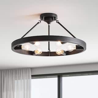 Abigail Wagon Wheel Black Metal Round Rustic Semi-Flush Mount