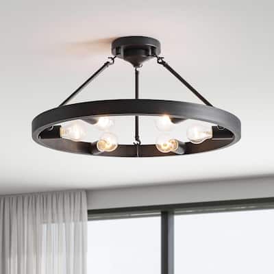 Abigail Wagon Wheel Black 6-light Metal Round Rustic Semi-Flush Mount - 24 inches in diameter x 9.5 inches H
