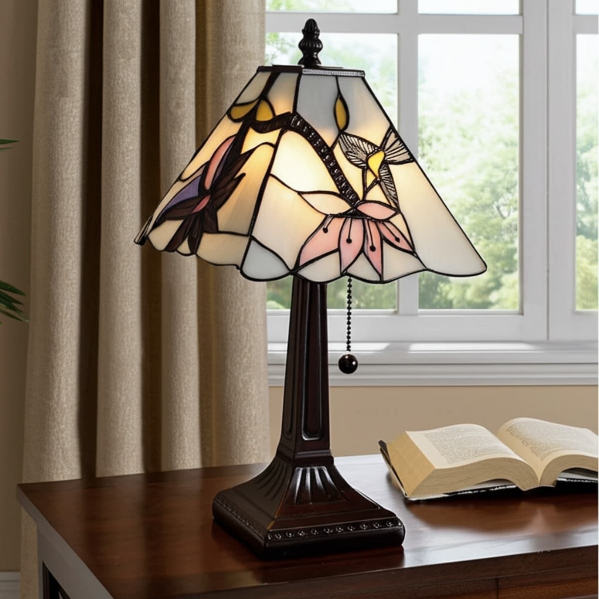 15-Inch Dark Brown Candlestick Table Lamp with Ivory and Red Birds Shade - 8.80” x 8.80” x 15”