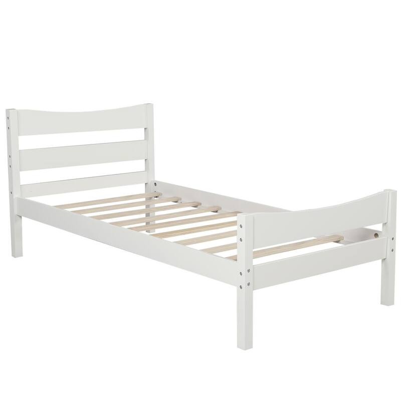 Twin Size Wood Platform Bed with Curved Headboard and Footboard, Classic Pine Wood Platform Bed Frame with Slat Support