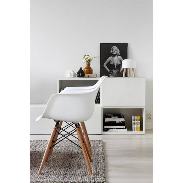 Set of 2 Modern White Plastic Dining Armchairs with Natural Wood Legs – Comfortable Designer Chairs for Kitchen & Dining Room