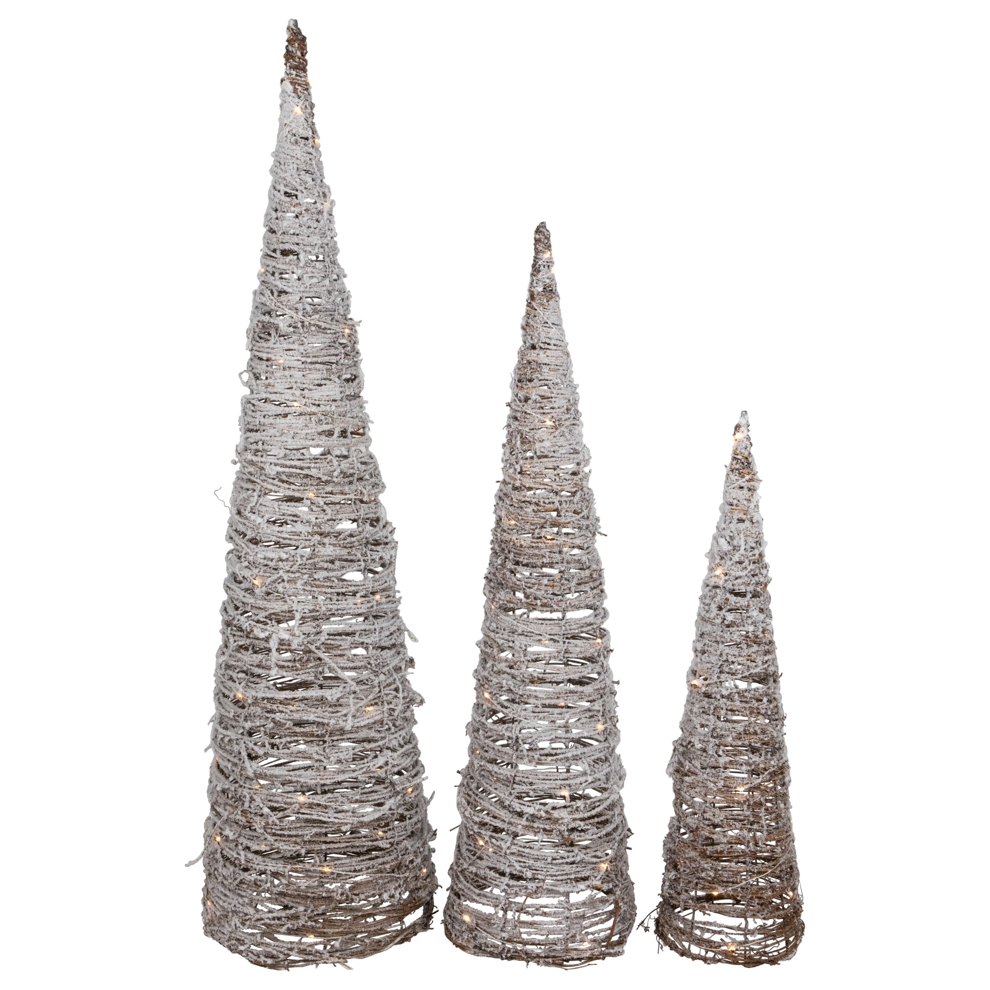 Set of 3 LED Lighted Snowy Rattan Christmas Cone Tree Decorations 3.25'