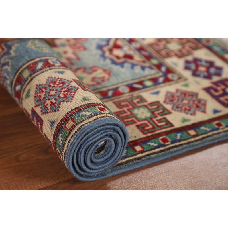 Light Blue Kazak Accent Rug Hand-Knotted Bedroom Wool Carpet - 2'7" x 3'10"