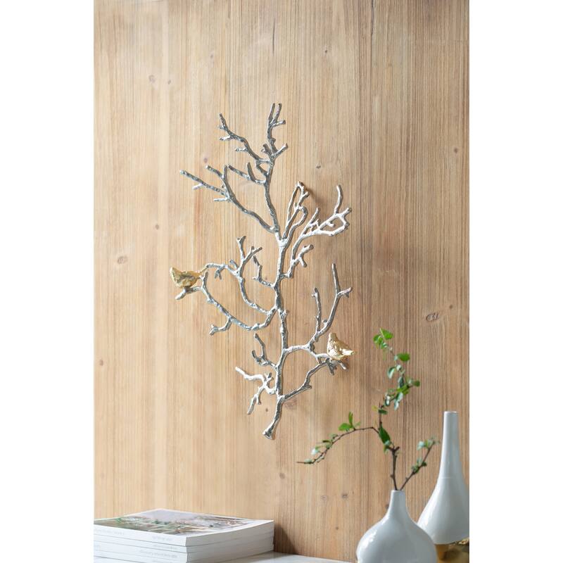 Modern Metal Branch Wall Decor Set of 2 with Bird Accents, for Living Room Office and Entryway Decor