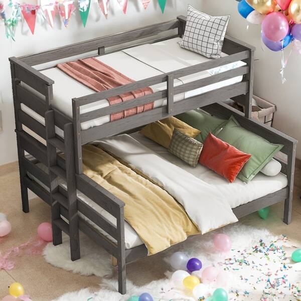 slide 2 of 18, Modern Twin XL Over Queen Wood Bunk Bed With Ladder,Sturdy Frame,Convertible Beds for Bedroom Grey