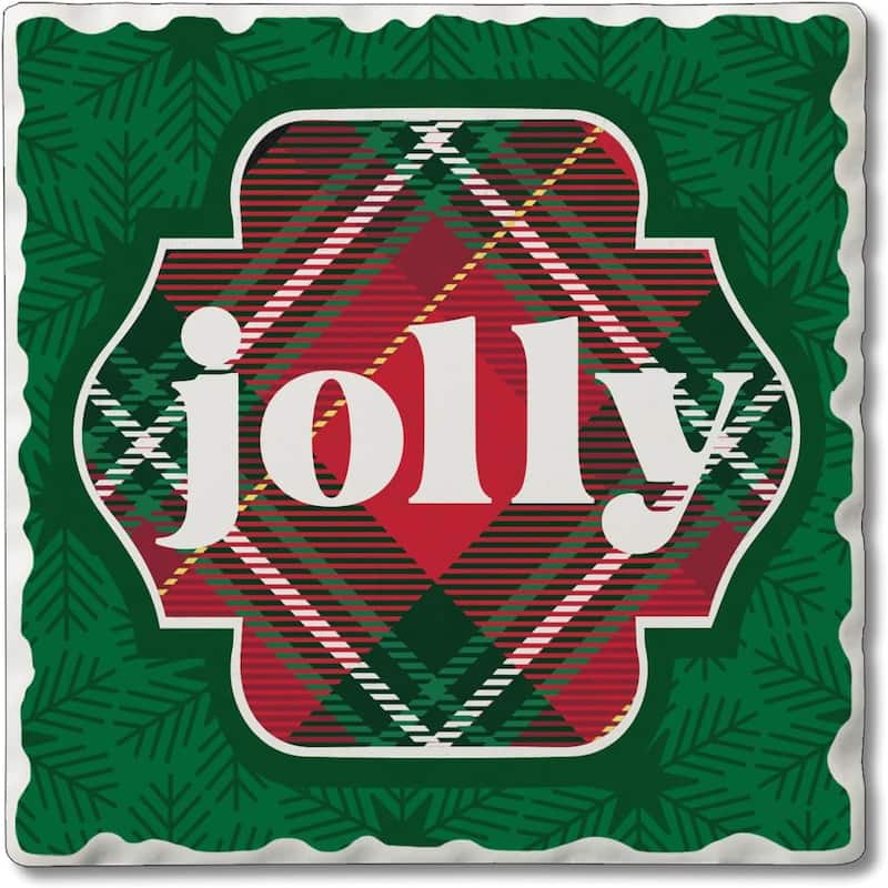 Jolly Plaid 4-Pack Absorbent Stone Coaster with Protective Cork Backing Made in The USA 4" Square, Artistic, Easily Wipes Clean - Multi