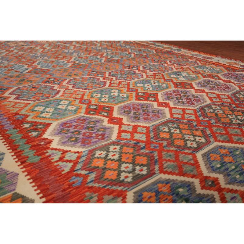 Geometric Kilim Large Rug Hand-Woven Wool Carpet - 10'4" x 16'1"