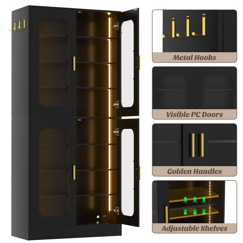 8-Tier Shoe Cabinet with LED Light, 32 Pairs Tall Shoe Storage Organizer with Side Hooks