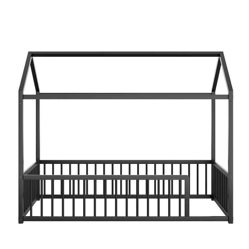 Montessori Style Metal Floor Bed Frame, House Shaped Bed for Kids and Toddlers, No Slats, House Bed