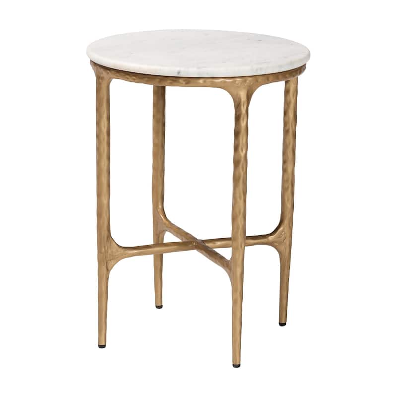 Akanji Marble End Table - Modern Rustic Accent Table with Hand-Forged Metal Frame for Living Room or Seating Areas - Marble White, Gold - Round