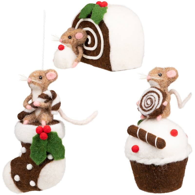 Mice with Cake and Candies Christmas Decorations - 7" - Brown and White - Set of 3