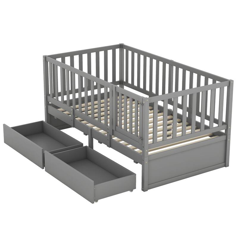 Twin Size Wood Daybed with Fence Guardrails and 2 Drawers