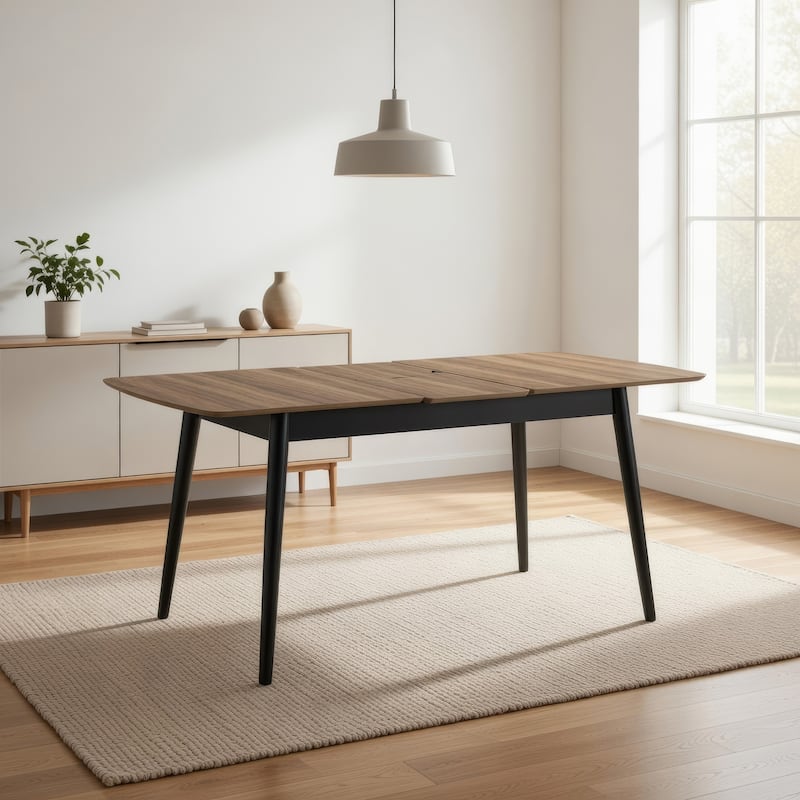 Anae 51-63 Inch Dining Table, Butterfly Leaf, Brown Wood Top, Black Legs