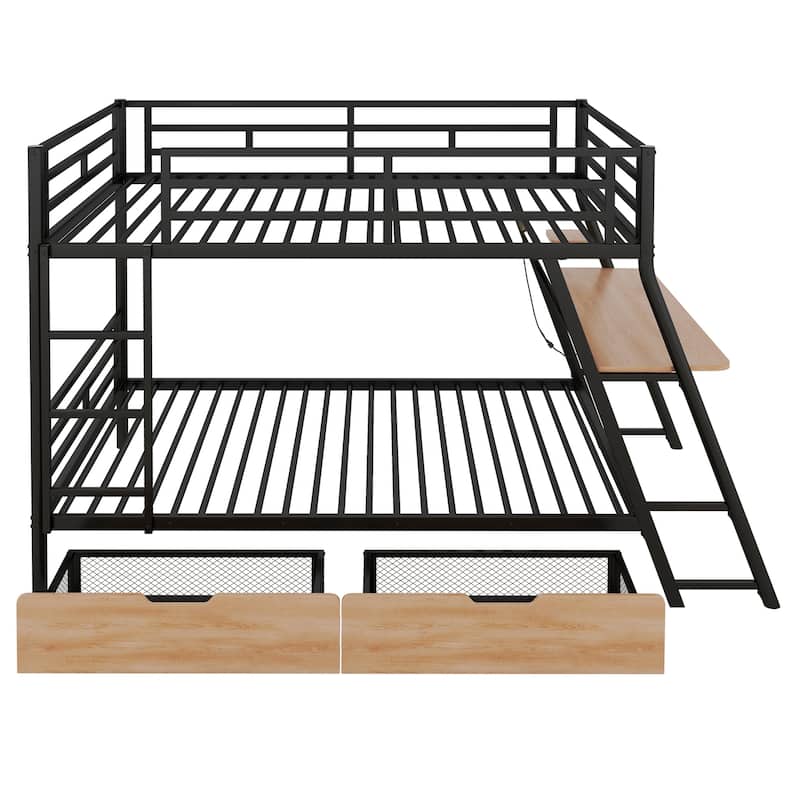 Full Size Metal Bunk Bed with Built-in Desk, Light, and 2 Drawers - Black