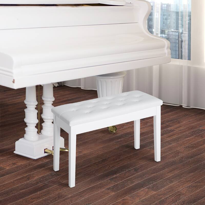 Piano Bench Upholstered Seat with Hidden Storage Compartments, Leisure Stool Decorative Bench with Solid Wood Legs - White