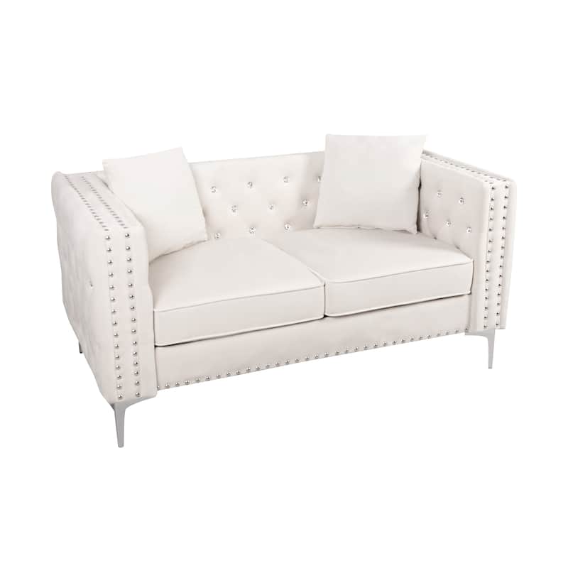 82.3" Width Modern Velvet Sofa Jeweled Buttons Tufted Square Arm Couch ,2 Pillows Included,Beige,4 colors