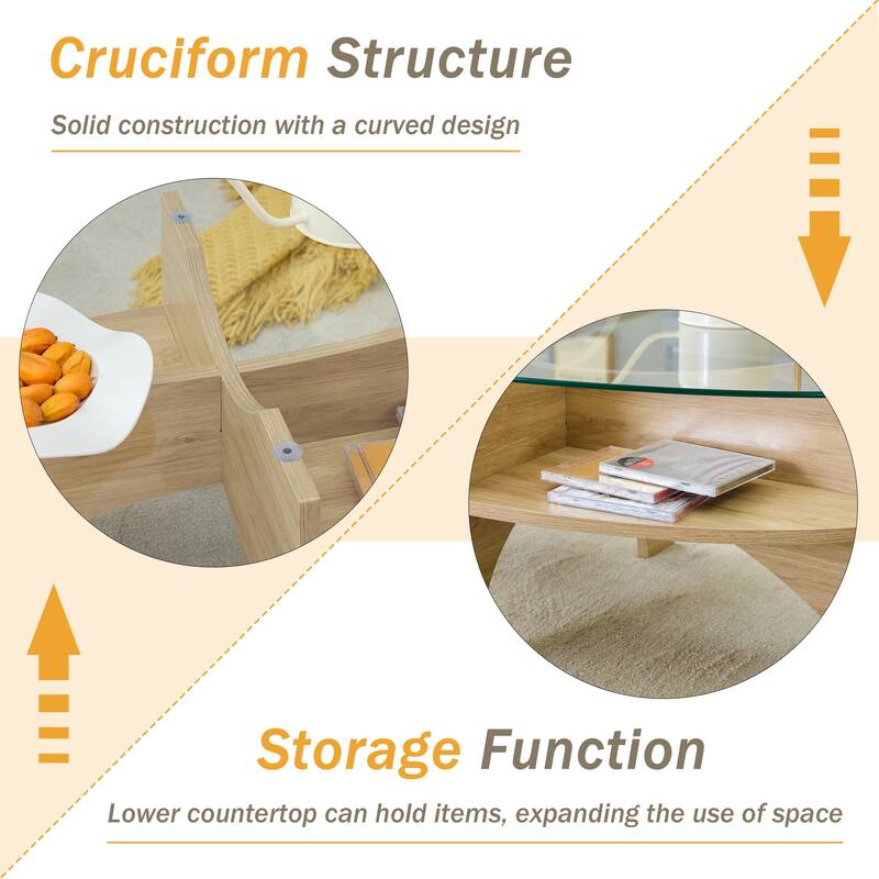 GDFStudio Elowen Tempered Glass Coffee Table with Wood Legs and Multi-Functional Design