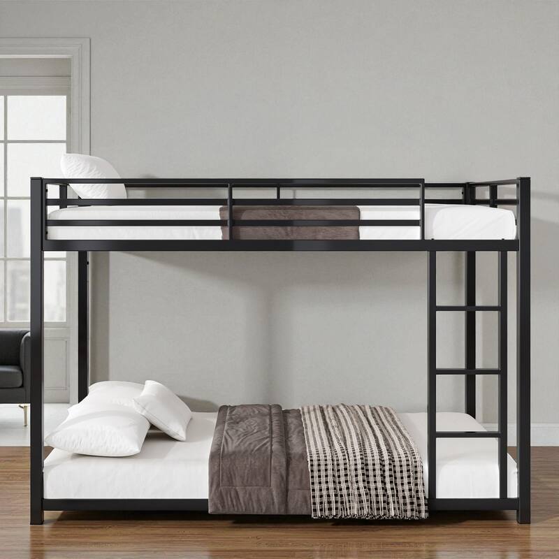Twin Over Twin Metal Bunk Bed with Ladder, Low Profile Steel Frame, Guardrails, 250lb Upper & 350lb Lower Capacity - Black - Twin