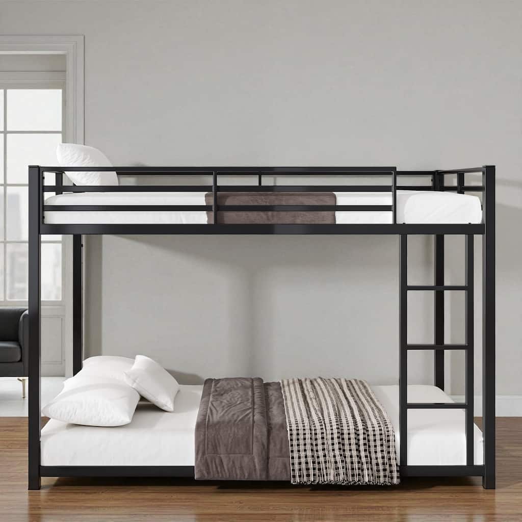 Twin Over Twin Metal Bunk Bed with Ladder, Low Profile Steel Frame, Guardrails, 250lb Upper & 350lb Lower Capacity