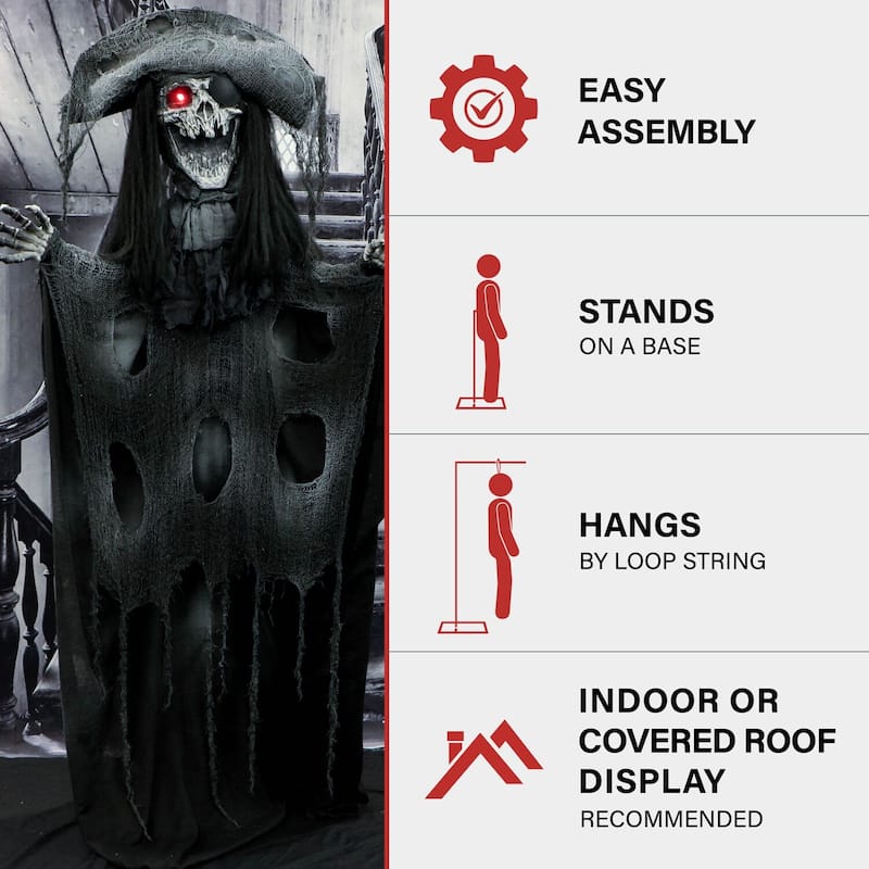 Haunted Hill Farm Captain Dreadful the Animatronic Shaking Pirate with Light-Up Eyes for Scary Halloween Decoration