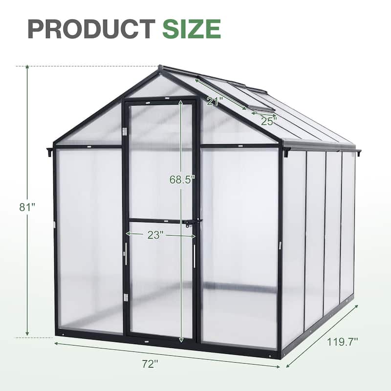 Aoodor 6' x 10' Polycarbonate Walk-in Greenhouse with Aluminum Frame and Roof Vent