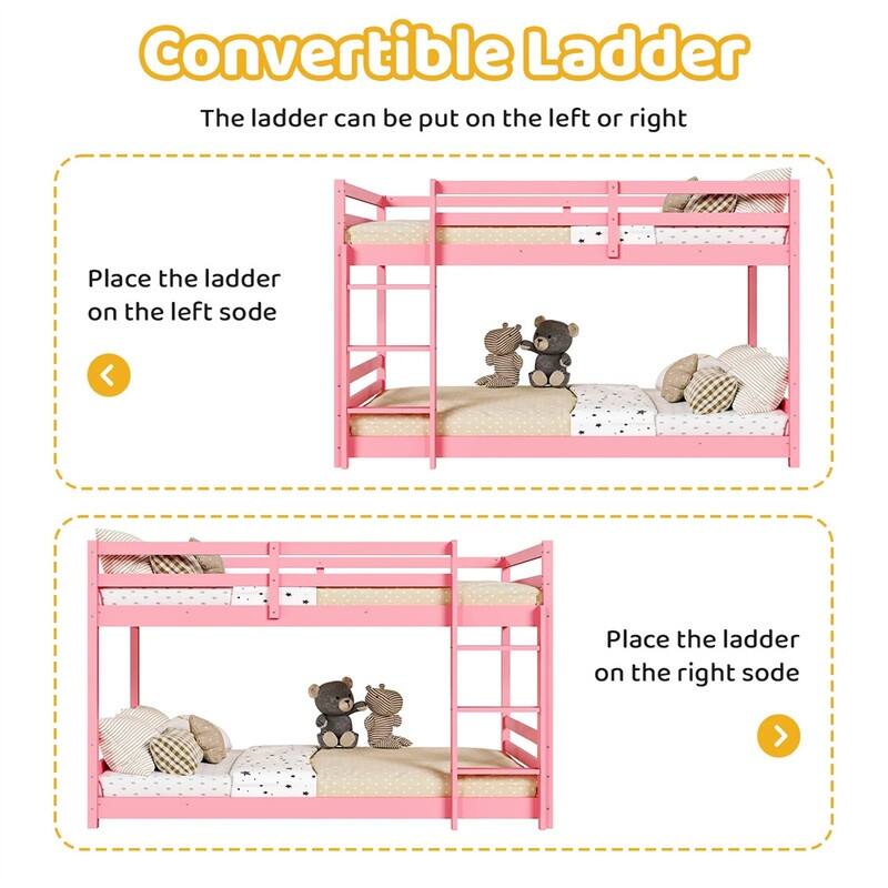 Kids Low Floor Bunk Bed Twin Over Twin With Guard Rails And Stairs