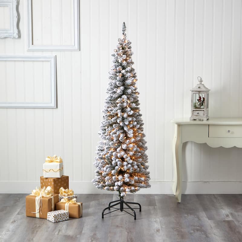 6’ Pre-Lit Pencil Slim Flocked Artificial Christmas Tree, Warm Clear LED Lights - 6 Foot