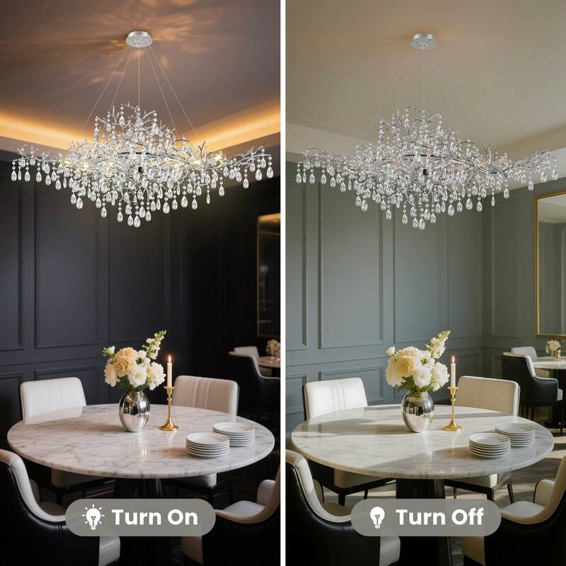 47 in. Raindrop Chandeliers, 12-Light Luxury Crystal Silver Tree Branch Chandelier for Dining Room, Kitchen Island,