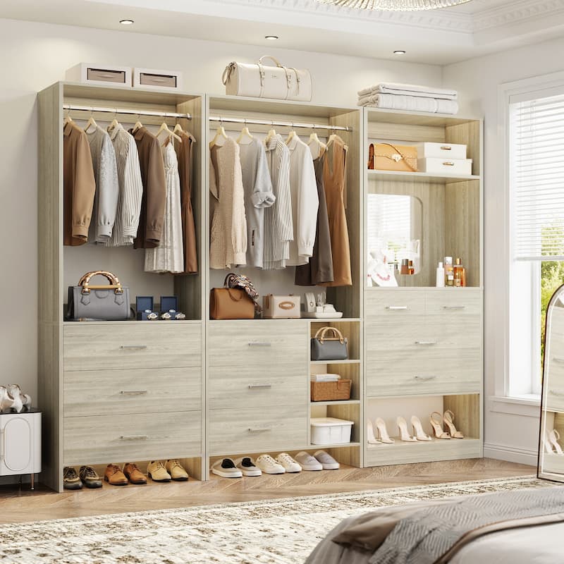 Cimly Set of 3 Closet Organizers with Drawers and Mirror, Freestanding Closet System with Hanging Rods - Washed Oak
