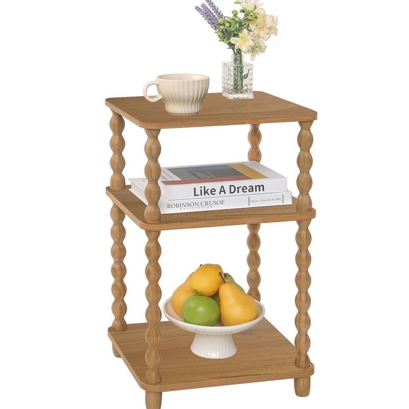 Small End Table with Storage Shelf Vintage Nightstand Bedside Table - Caramel Tan