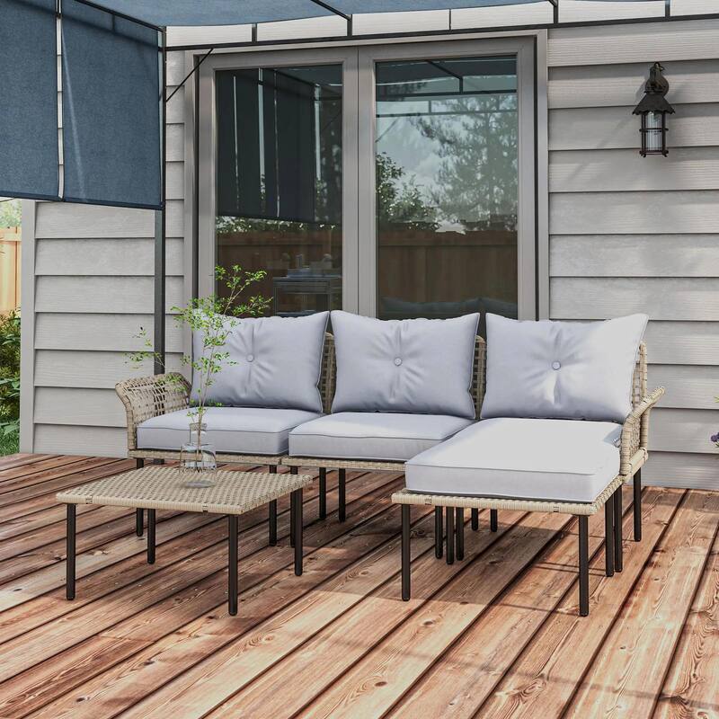 5PCS PE Rattan Patio Set, Sofa Chaise Coffee Table, White Weatherproof